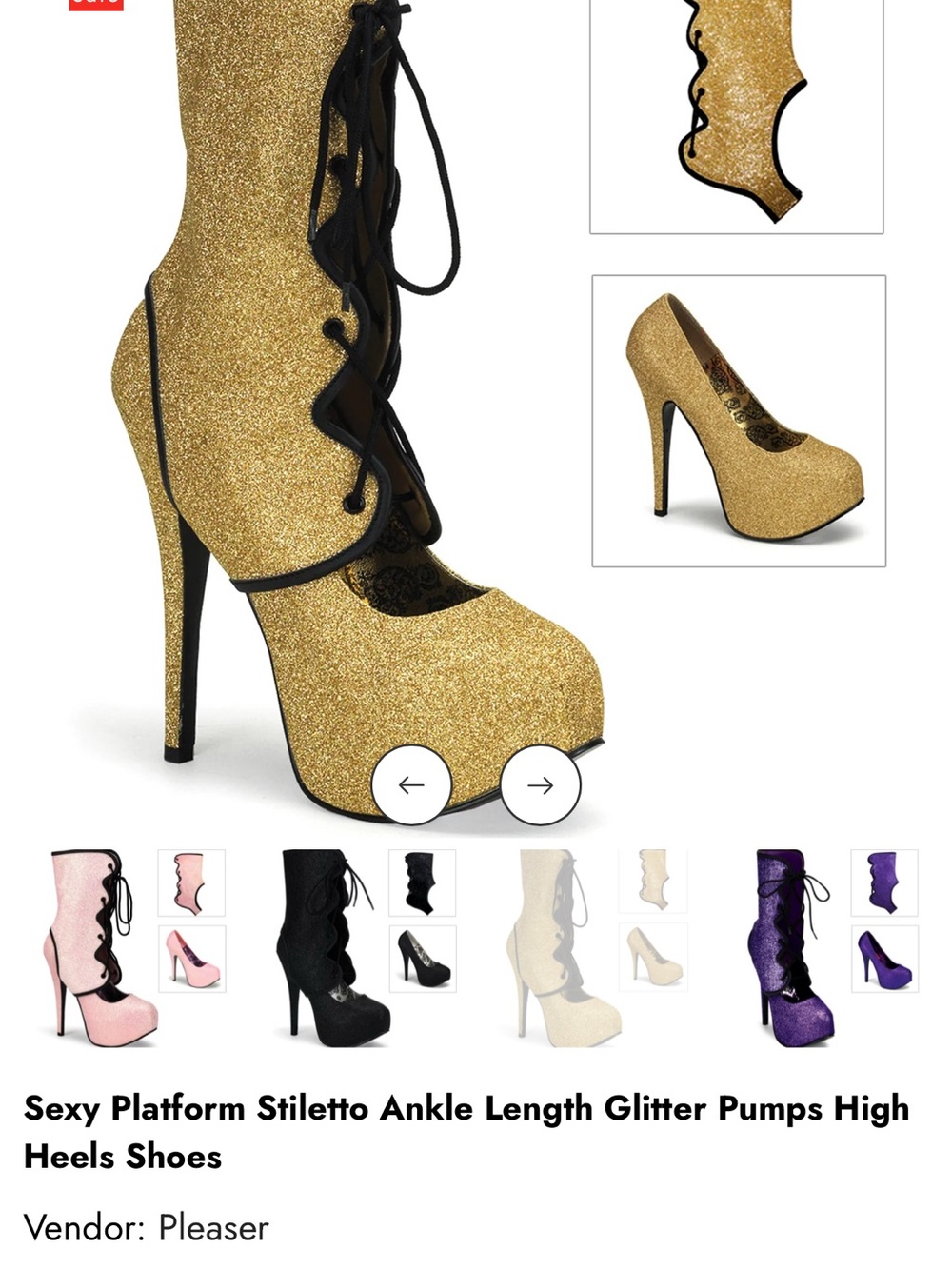 Pleaser Gold Glitter Platform Stiletto Lace-Up Ankle Boots